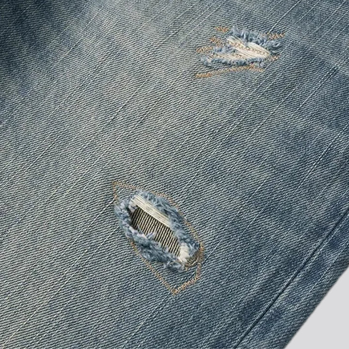 Distressed straight fit selvedge men's jeans